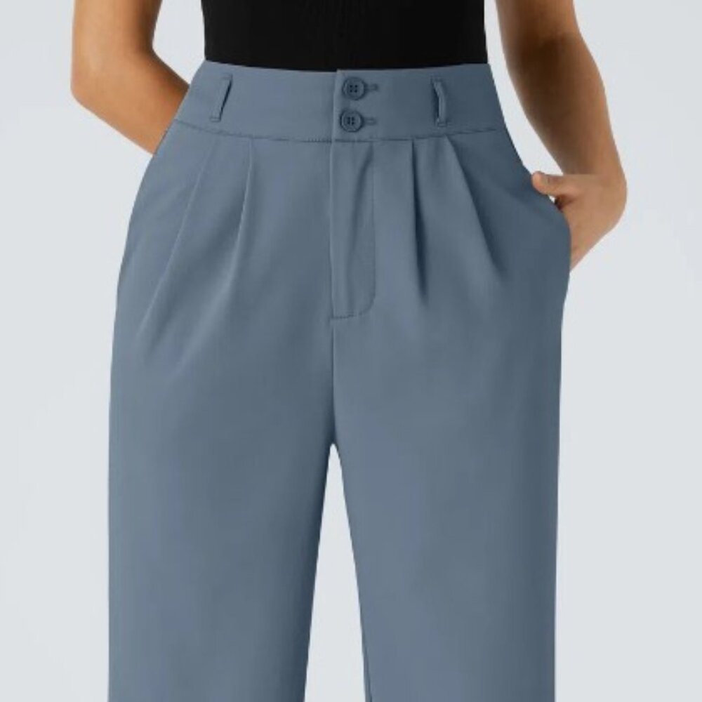 halara Dusty Blue High Waisted Pleated Wide Leg Trousers Dress Pants
